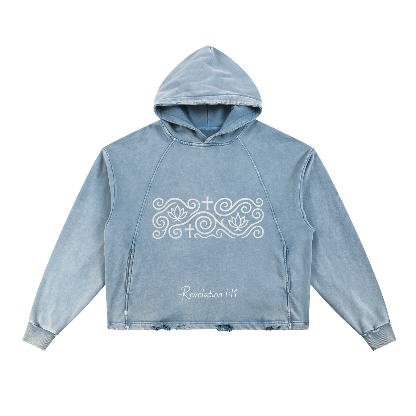 Vintage Washed Frayed-Hem Hoodie "REVELATION 1:14: